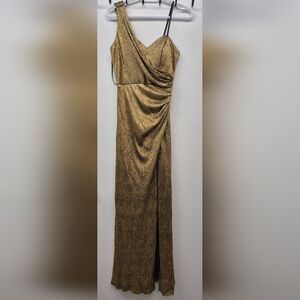 Xscape Metallic Gold Draped Slit Leg Evening Formal Prom Elegant Classy Dress
